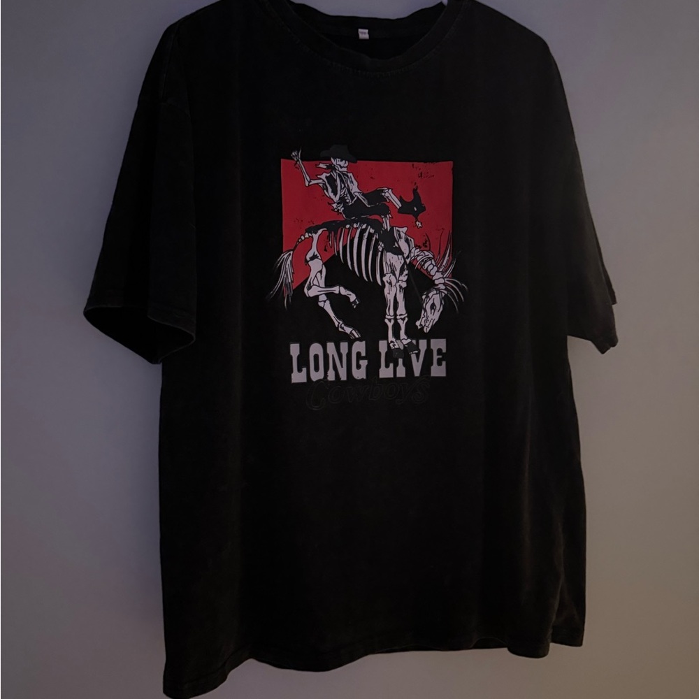 Black Graphic T-Shirt with Red and White Design